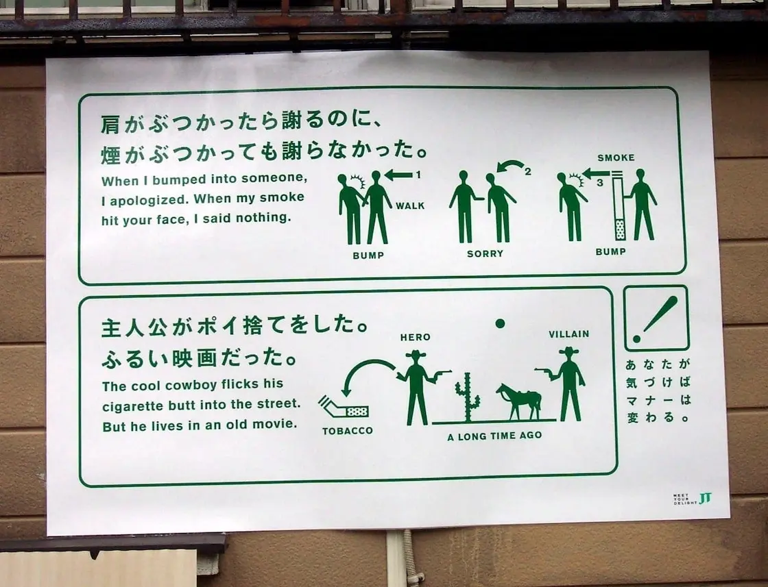 Foto de uma placa anti-tabagismo com ilustrações e texto em japonês e inglês