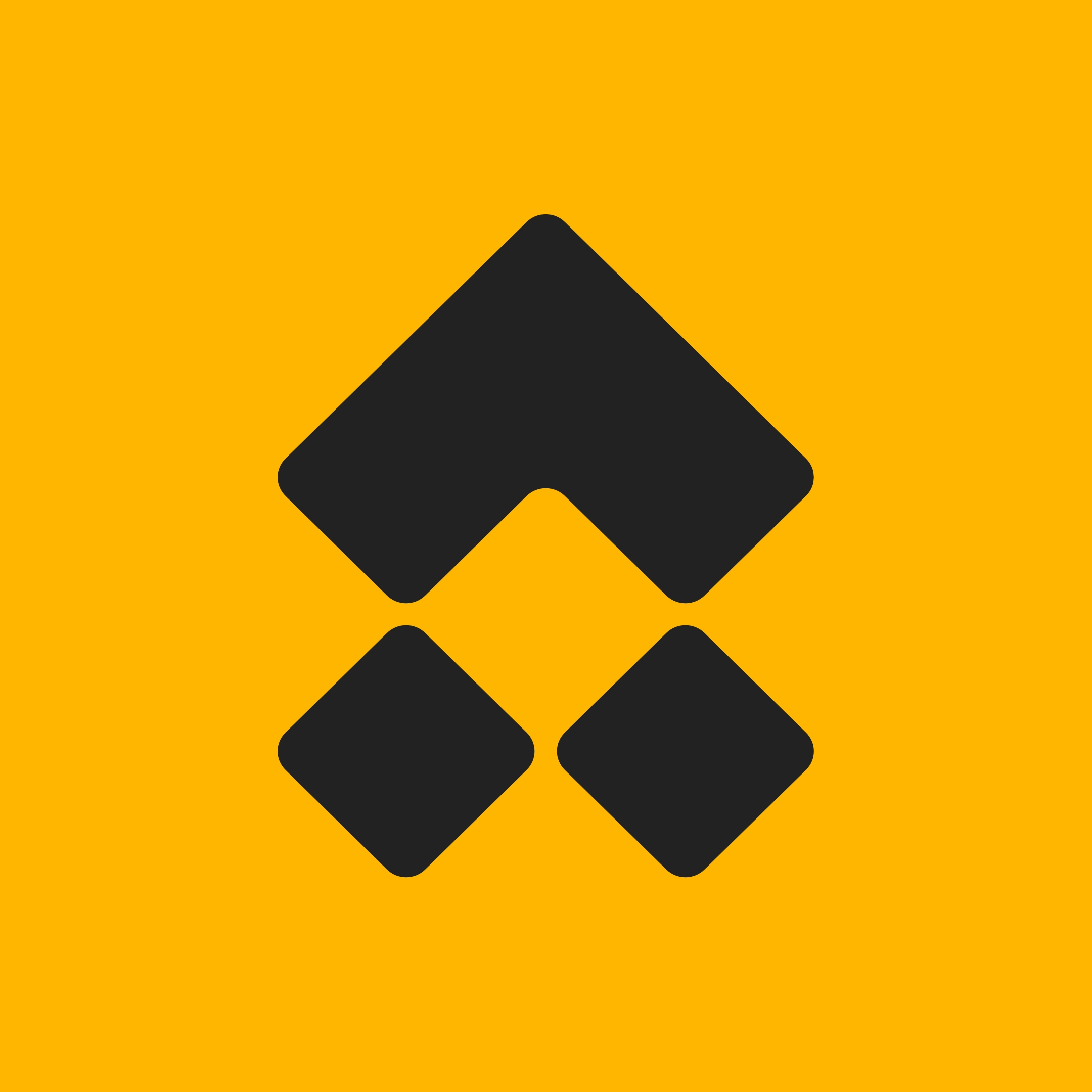 An abstract geometric dark logo over a yellow background.