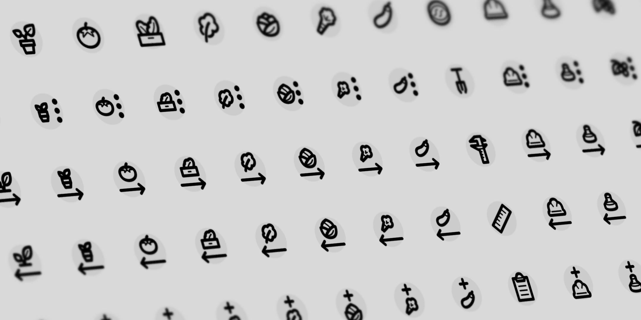 A grid of dozens of line icons depicting agricultural activities.