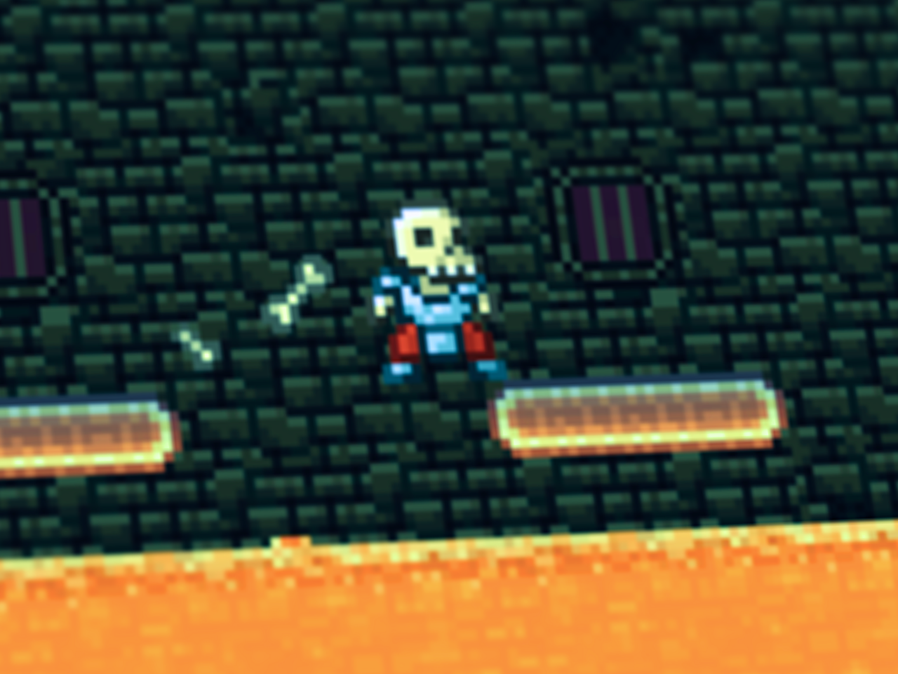A zoomed-in screenshot of the game focusing on the protagonist, which is an animated skeleton warrior.